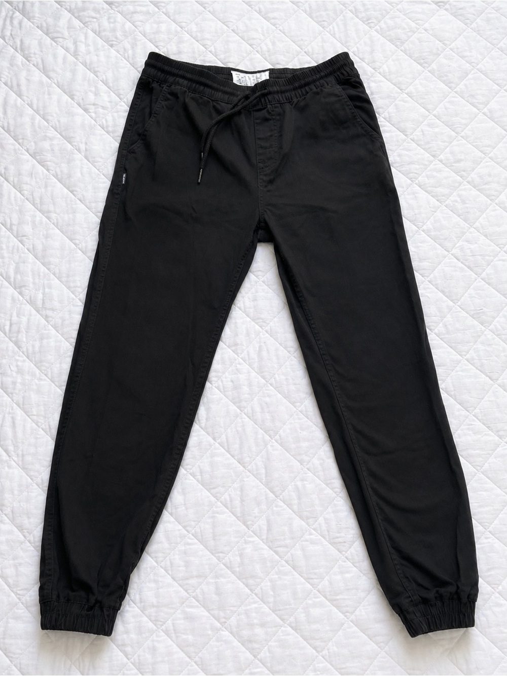 Fairplay Black Canvas Jogger Pants Size 30 Cotton Stretch Drawstring Tapered